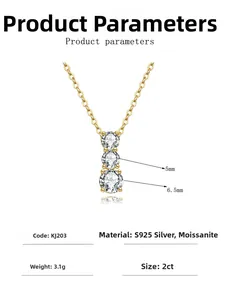 Detailed specs of S925 silver 2ct moissanite necklace featuring triple stone vertical design