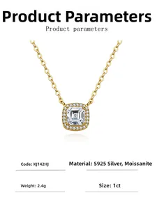 Detailed specs of S925 sterling silver necklace with 1ct moissanite square pendant