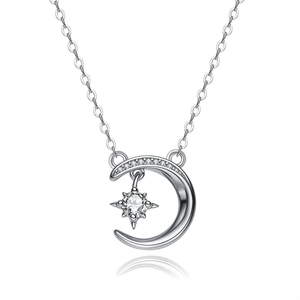 S925 silver star and moon moissanite pendant necklace with sparkling crystal details