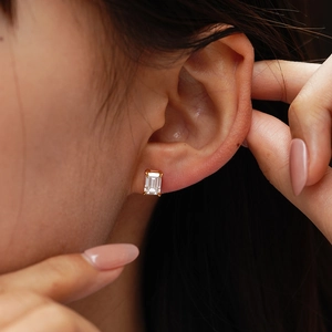 Classic 925 sterling silver emerald cut moissanite stud earrings in gold finish