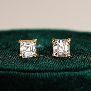 Classic gold 925 silver stud earrings featuring square Asscher cut moissanite in four-prong setting