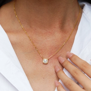 Elegant gold square sugar necklace with halo setting moissanite on female neck