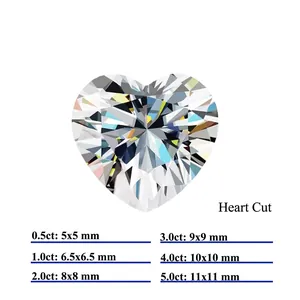 D Color VVS Heart Cut Moissanite stone size chart from 0.5 to 5.0 carats for jewelry