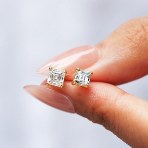 Classic 925 sterling silver studs with square Asscher cut D color moissanite in 18K gold