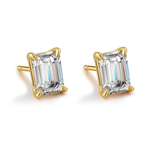 Luxury 925 sterling silver stud earrings with emerald-cut moissanite stones and gold plating