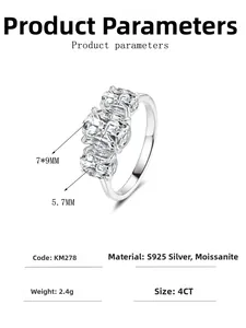 Detailed specs of S925 silver three-stone ring featuring 4CT oval-cut moissanite gems