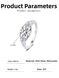 Macro detail of S925 silver ring featuring 3CT marquise cut moissanite and side diamonds