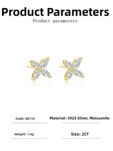Detailed view of marquise-cut moissanite stones set in a S925 silver four-leaf clover stud