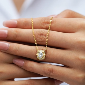 Elegant 18K gold plated 925 silver necklace with oval moissanite pendant for women