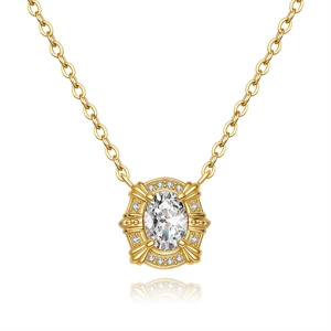 925 Sterling Silver Moissanite Necklace Retro Oval Pendant Necklace Plated Gold Rhinestone Clavicle Chain Jewelry For Women