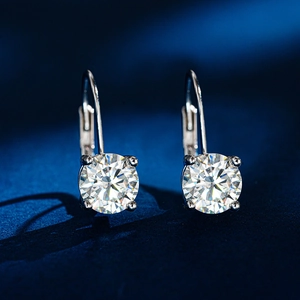 925 sterling silver four-prong leverback earrings with round brilliant moissanite stones