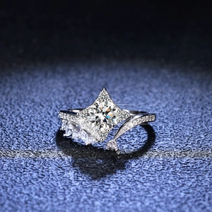 Classic four-prong S925 silver ring featuring a square-cut moissanite and side diamond accents
