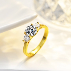 Classic three-stone S925 silver ring with 1ct round moissanite in gold finish