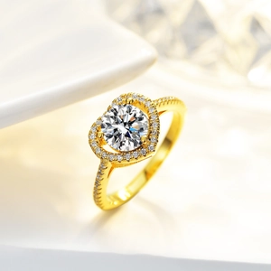 Luxurious 14K gold plated S925 silver ring featuring heart-shaped halo and moissanite gem