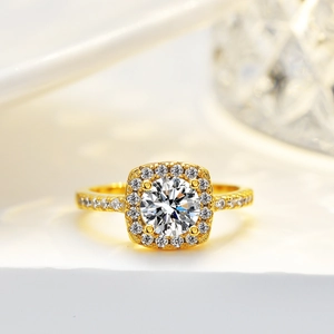 Luxury 1ct moissanite ring with a square halo set in 14K gold plated silver
