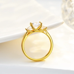 Classic 14K gold plated S925 silver three-stone ring with 1ct round moissanite
