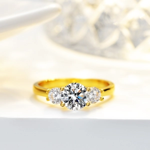 Gold plated S925 silver ring featuring 1 carat moissanite with round three-stone design