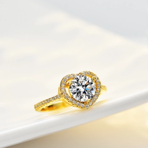 Luxurious 14K gold plated S925 silver heart halo moissanite ring with pave diamond band