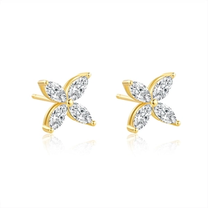 925 silver gold clover stud earrings featuring marquise-cut white moissanite gems