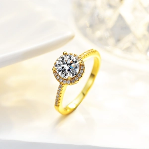 Luxurious 1 carat round moissanite ring with halo setting in 14K gold plated silver