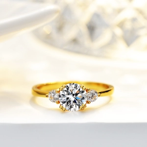 Classic 14K gold plated S925 silver ring featuring three sparkling round moissanite stones