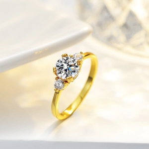 Classic 14K gold plated 925 silver ring featuring a 1-carat round moissanite stone