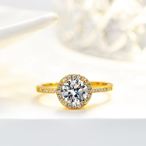 Luxurious S925 silver ring with a 1 carat round moissanite halo setting in 14K gold finish