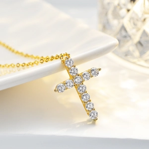 14K gold plated 925 silver necklace with cross pendant featuring 1 carat moissanite stones
