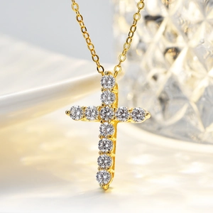 Elegant 14K gold plated 925 sterling silver cross pendant necklace with 1ct moissanite stones