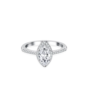 Elegant S925 silver marquise cut moissanite halo ring with pavé diamond band