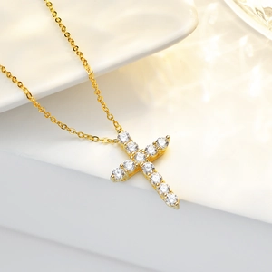 925 silver 14k gold plated cross necklace featuring 1 carat moissanite pave stones
