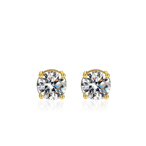 S925 silver four-prong moissanite stud earrings in 18K gold finish on white background