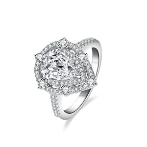 Elegant 2 carat pear cut moissanite ring with double halo and S925 silver pavé band
