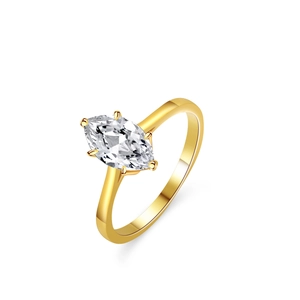 Gold s925 silver ring featuring marquise cut moissanite in six-prong setting on white background