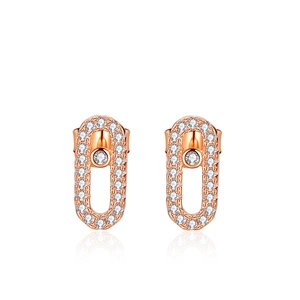 Rose gold S925 silver safety pin earrings with pavé moissanite stones in a minimalist style