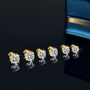 925 Sterling Silver Moissanite Stud Earrings For Women Four Prong Round Brilliant Cut Screw Back Earrings Gold Plated Jewelry
