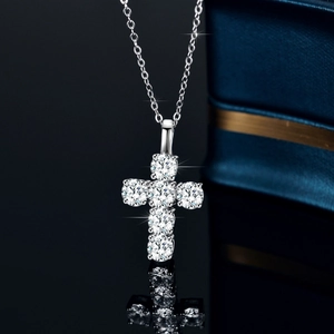 925 Sterling Silver Cross Pendant Necklace with Moissanite stone settings for women