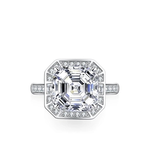 5 carat Asscher cut moissanite ring in S925 silver with a luxurious halo diamond setting
