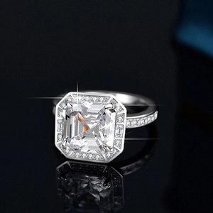 Luxury 5ct Asscher cut moissanite ring in S925 sterling silver with halo and pave side diamonds