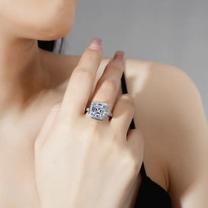 5 carat Asscher cut Moissanite ring in S925 sterling silver worn by a model