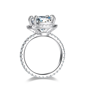 5 carat radiant cut moissanite ring in sterling silver with halo and pave band