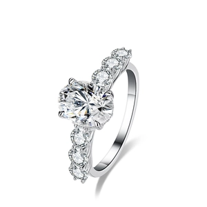 Oval cut moissanite ring in S925 sterling silver with sparkling side stone accents