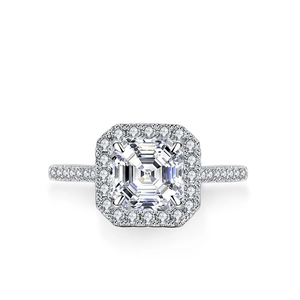 Luxury S925 silver Asscher cut moissanite ring with a halo of diamonds and pavé band