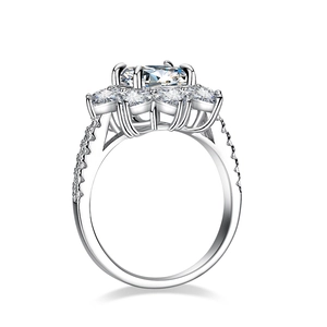 Radiant 3 carat silver moissanite ring with a halo rectangle cut and side diamonds