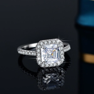3-carat Asscher cut moissanite ring in S925 sterling silver with halo pavé diamond setting
