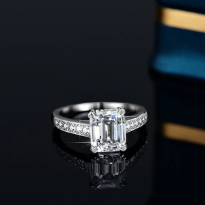 Emerald cut moissanite ring in S925 sterling silver with pavé diamond band