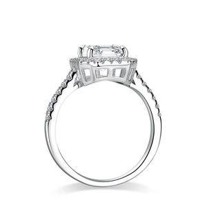 Luxury S925 silver emerald-cut moissanite halo ring with micro-pave side stones