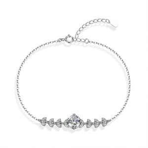 Minimalist 925 sterling silver moissanite bracelet with leaf design and heart charm