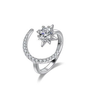 Moissanite ring for women with silver celestial moon and star design in a modern crown style