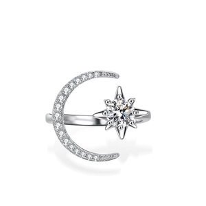 925 Sterling Silver Moissanite Ring For Women Star Moon Crown Design Adjustable Open Ring Romantic Fashion Jewelry Gift
